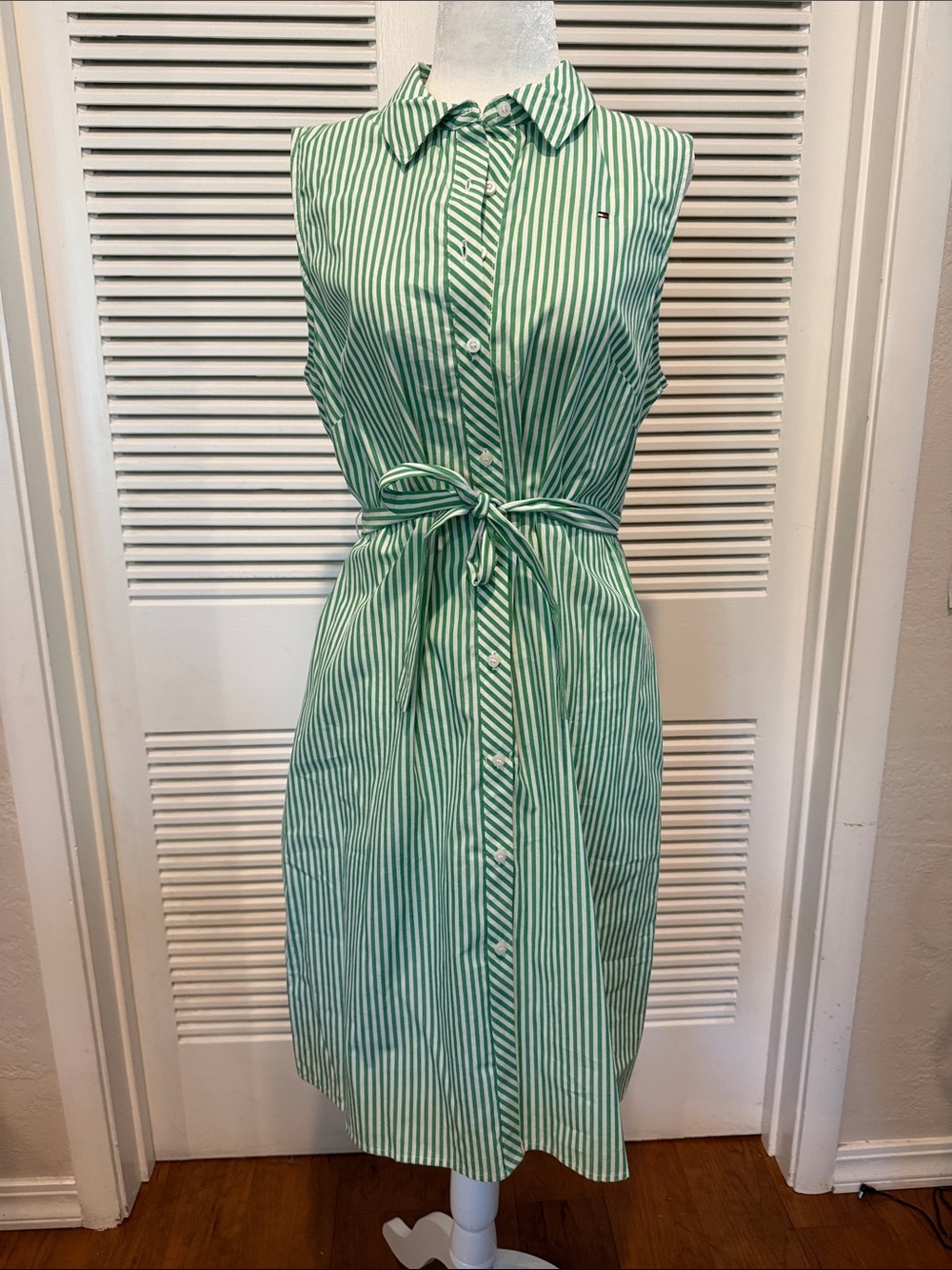 Tommy Hilfiger Green and White Striped Sleeveless Shirt Dress with Tie Waist